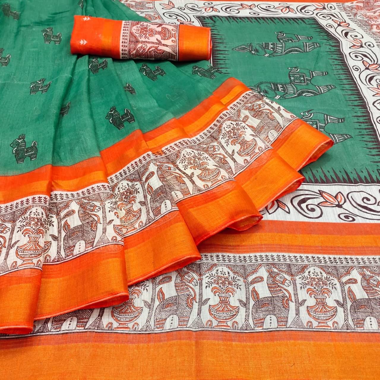 R K S M Cotton Printed Saree With Unstitched Blouse Piece ( Green )     			R K S M Cotton Printed Saree With Unstitched Blouse Piece ( Green )