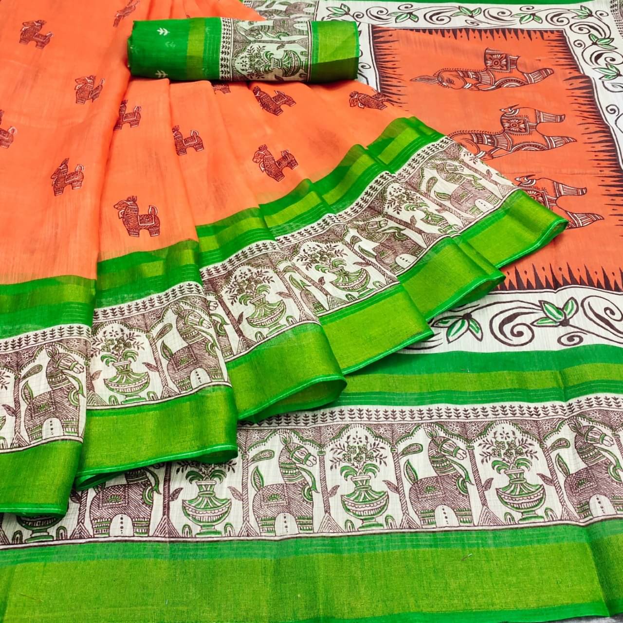 R K S M Cotton Silk Printed Saree With Unstitched Blouse Piece ( Orange )     			R K S M Cotton Silk Printed Saree With Unstitched Blouse Piece ( Orange )