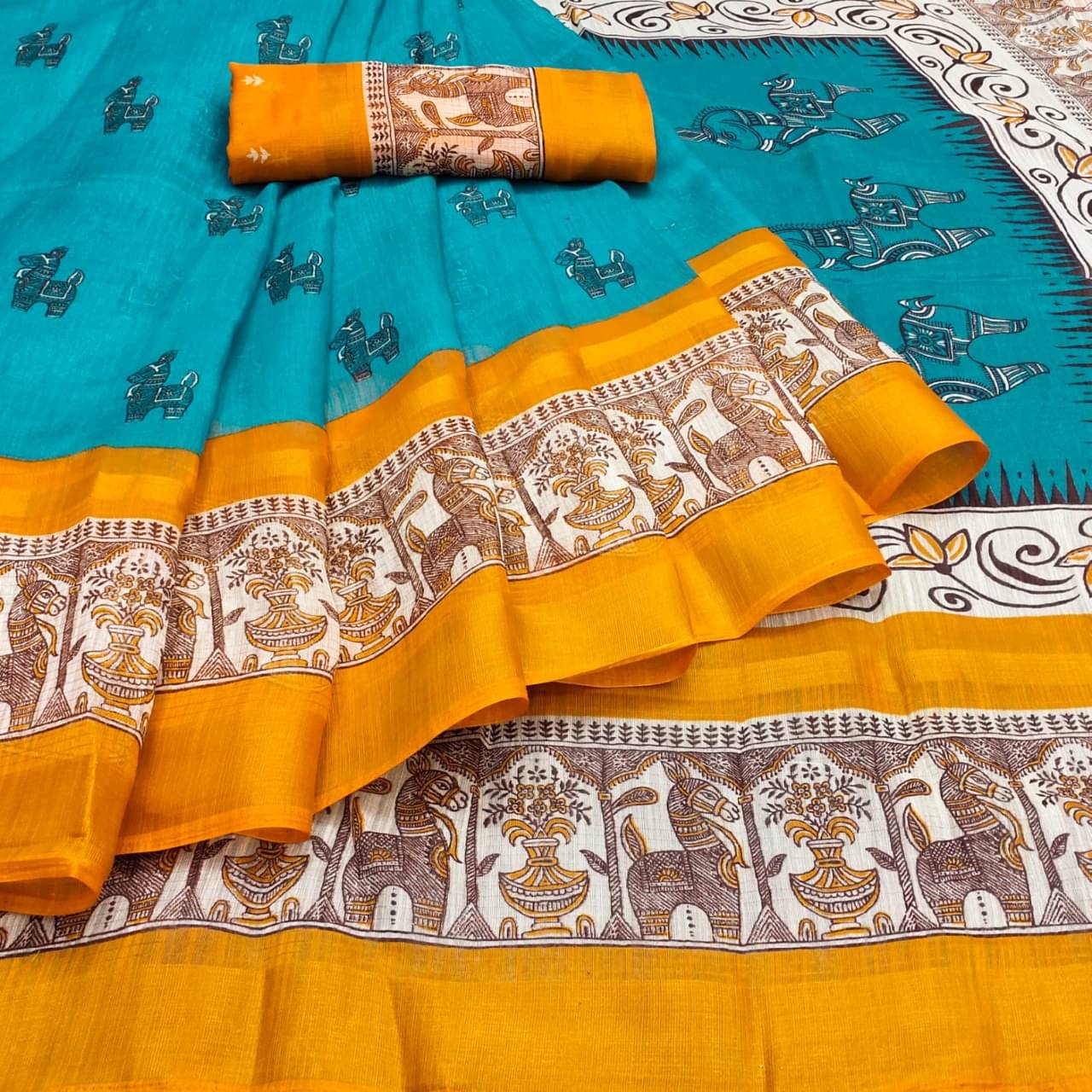 R K S M Cotton Printed Saree With Unstitched Blouse Piece ( Teal ) R K S M Cotton Printed Saree With Unstitched Blouse Piece ( Teal )