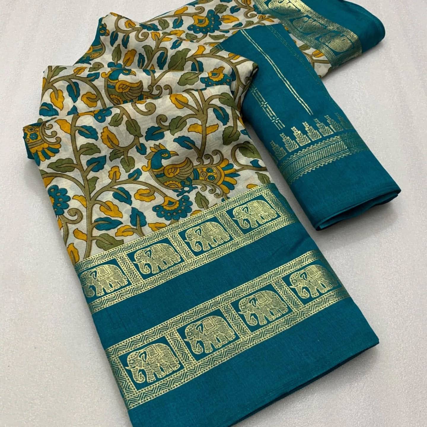 R K S M Cotton Printed Saree With Unstitched Blouse Piece ( Teal ) R K S M Cotton Printed Saree With Unstitched Blouse Piece ( Teal )