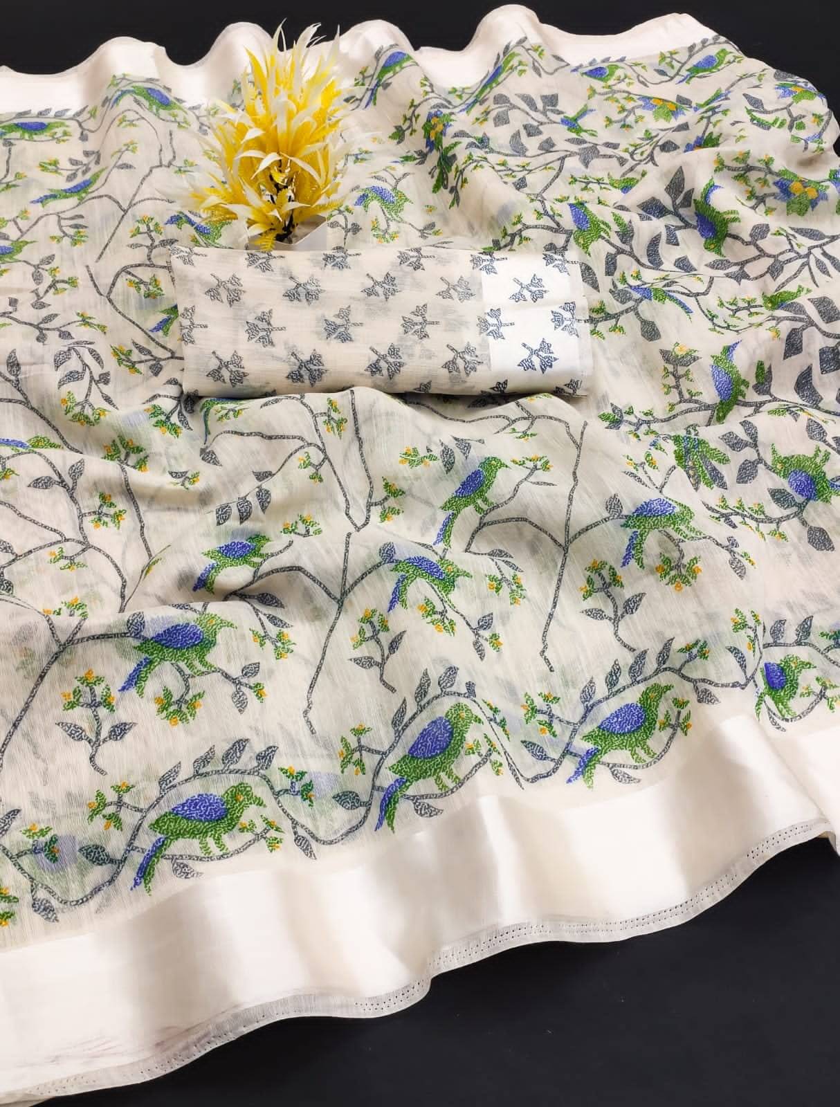    			R K S M Cotton Printed Saree With Unstitched Blouse Piece ( Green,Off White )