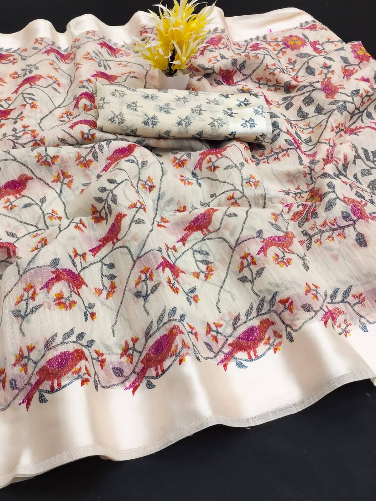 R K S M Cotton Silk Printed Saree With Unstitched Blouse Piece ( Off White )     			R K S M Cotton Silk Printed Saree With Unstitched Blouse Piece ( Off White )