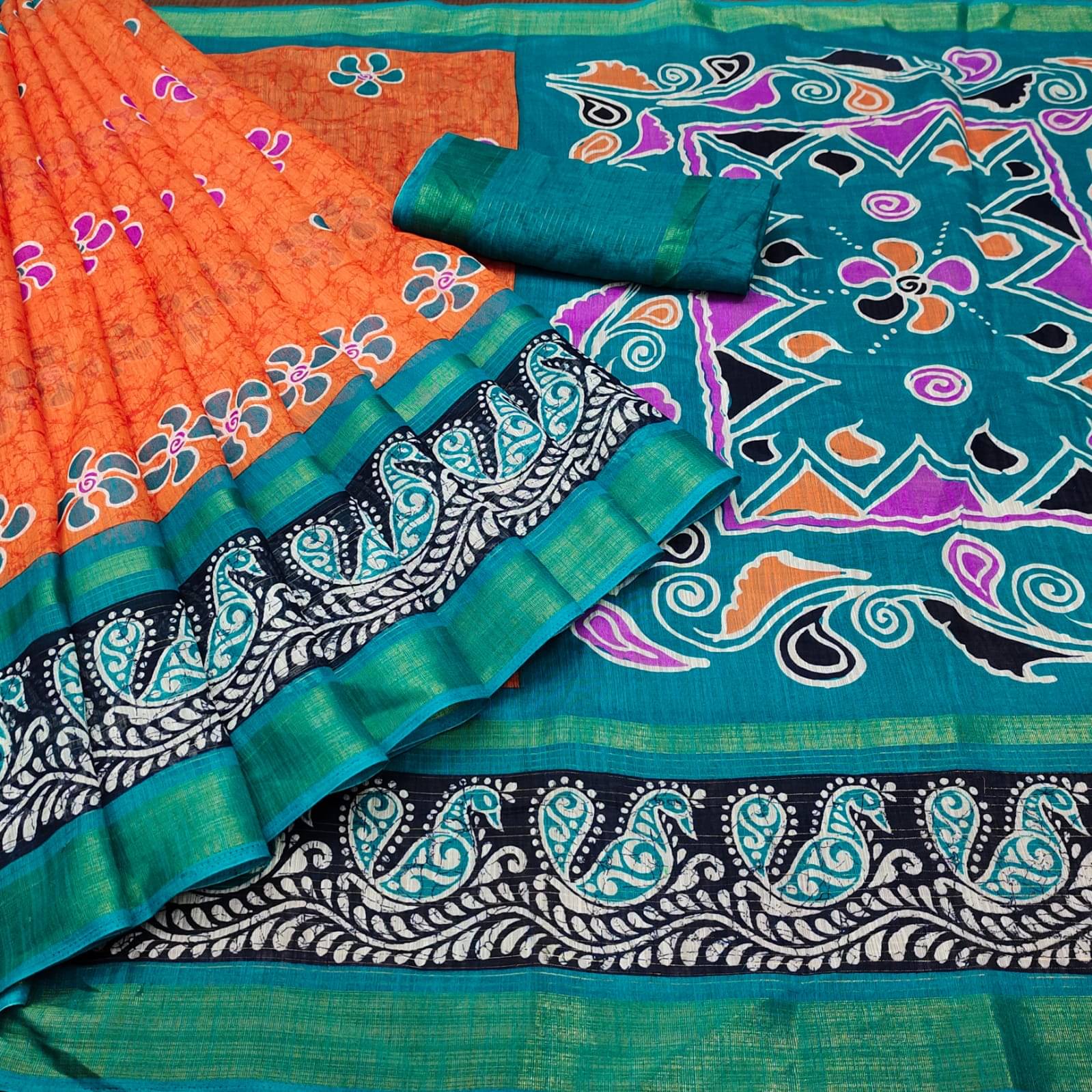 R K S M Cotton Printed Saree With Unstitched Blouse Piece ( Orange )     			R K S M Cotton Printed Saree With Unstitched Blouse Piece ( Orange )
