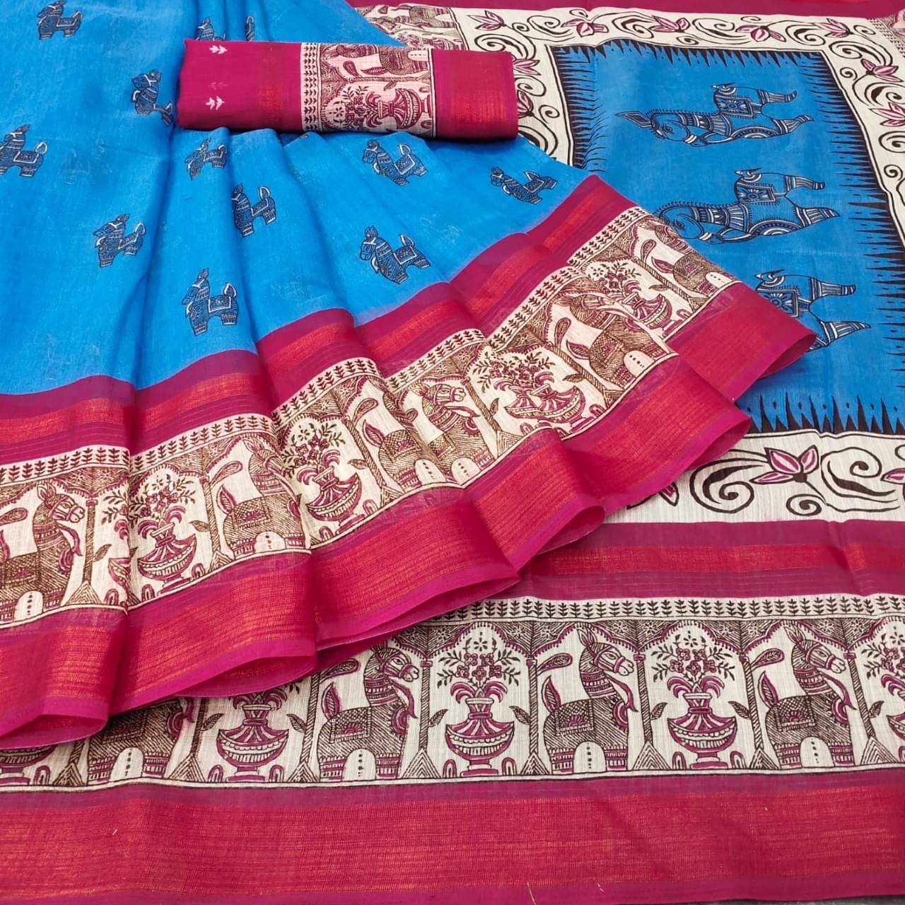     			R K S M Cotton Silk Printed Saree With Unstitched Blouse Piece ( Blue )