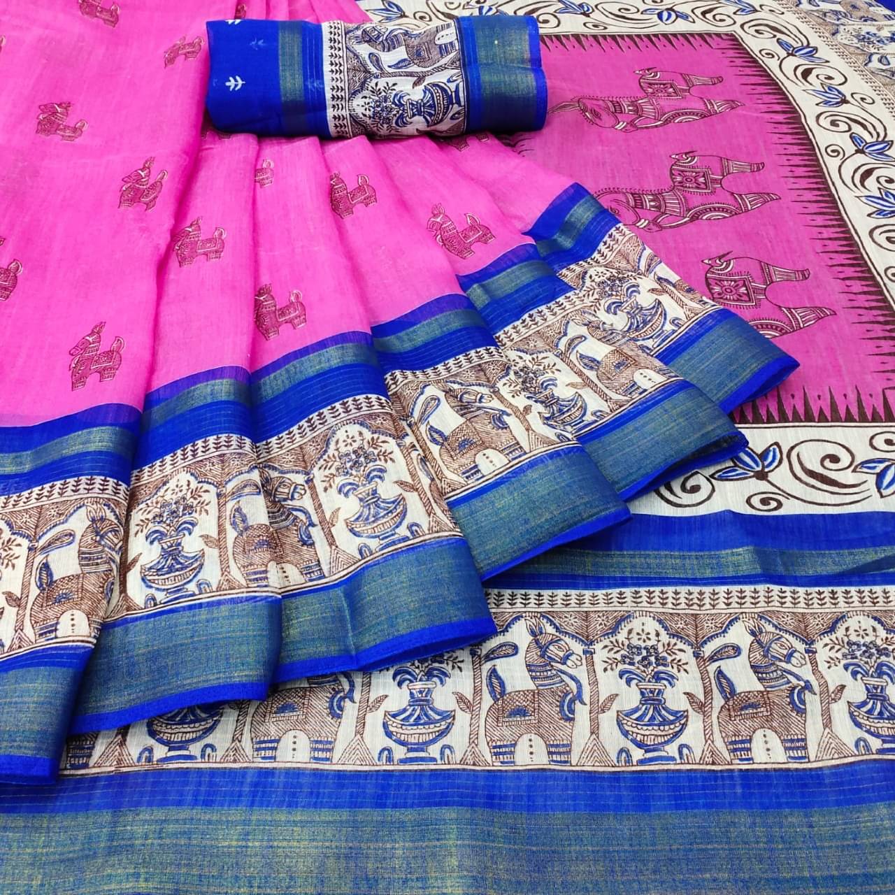     			R K S M Cotton Silk Printed Saree With Unstitched Blouse Piece ( Pink )