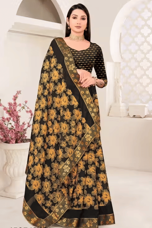     			R K S M Georgette Printed Saree With Unstitched Blouse Piece ( Yellow )