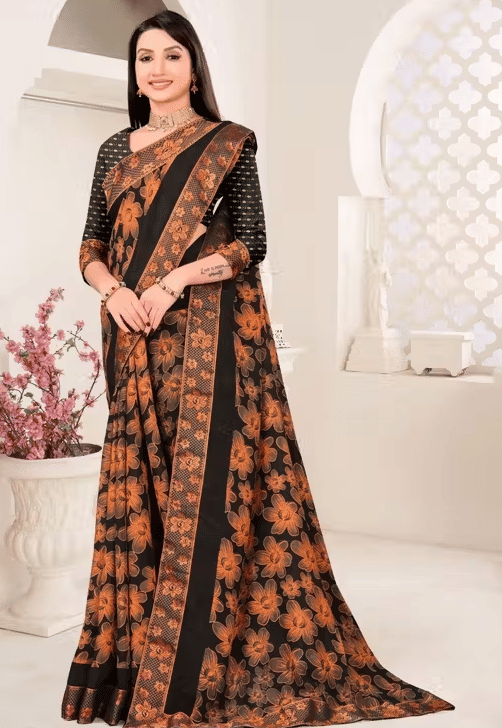 R K S M Georgette Printed Saree With Unstitched Blouse Piece ( Orange ) R K S M Georgette Printed Saree With Unstitched Blouse Piece ( Orange )