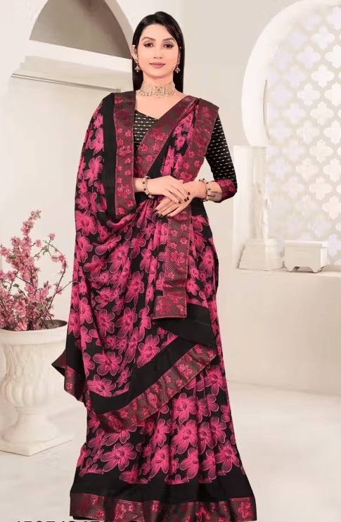 R K S M Georgette Printed Saree With Unstitched Blouse Piece ( Pink ) R K S M Georgette Printed Saree With Unstitched Blouse Piece ( Pink )