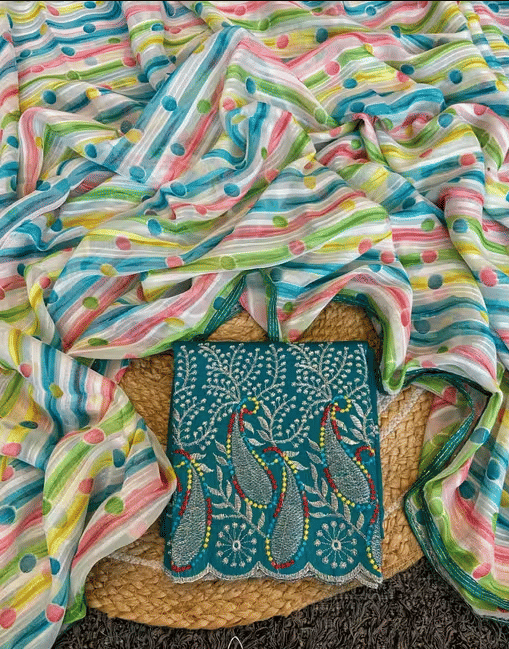 R K S M Georgette Printed Saree With Unstitched Blouse Piece ( Teal ) R K S M Georgette Printed Saree With Unstitched Blouse Piece ( Teal )