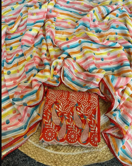 R K S M Georgette Printed Saree With Unstitched Blouse Piece ( Red ) R K S M Georgette Printed Saree With Unstitched Blouse Piece ( Red )