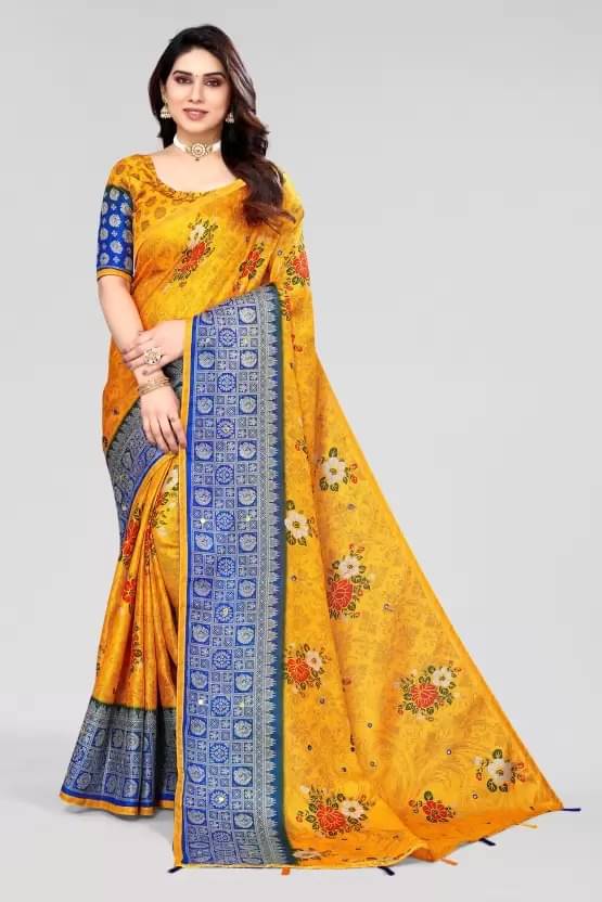     			R K S M Jute Printed Saree With Unstitched Blouse Piece ( Yellow )
