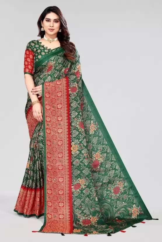 R K S M Jute Printed Saree With Unstitched Blouse Piece ( Green ) R K S M Jute Printed Saree With Unstitched Blouse Piece ( Green )
