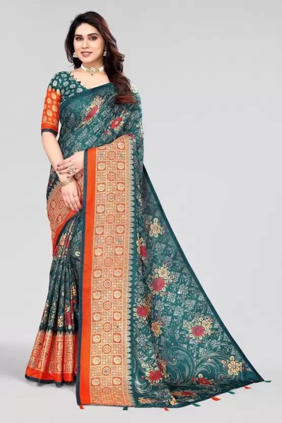     			R K S M Jute Printed Saree With Unstitched Blouse Piece ( Teal )