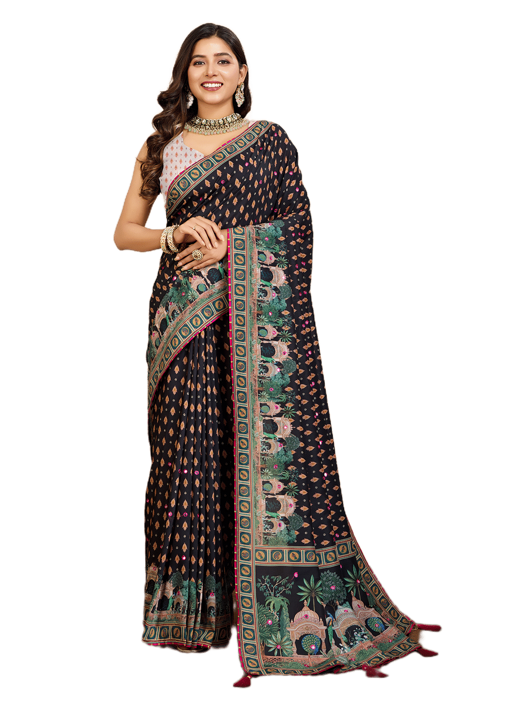     			Rangtulika Ethnics Cotton Printed Banarasi saree With Unstitched Blouse Piece ( Black )