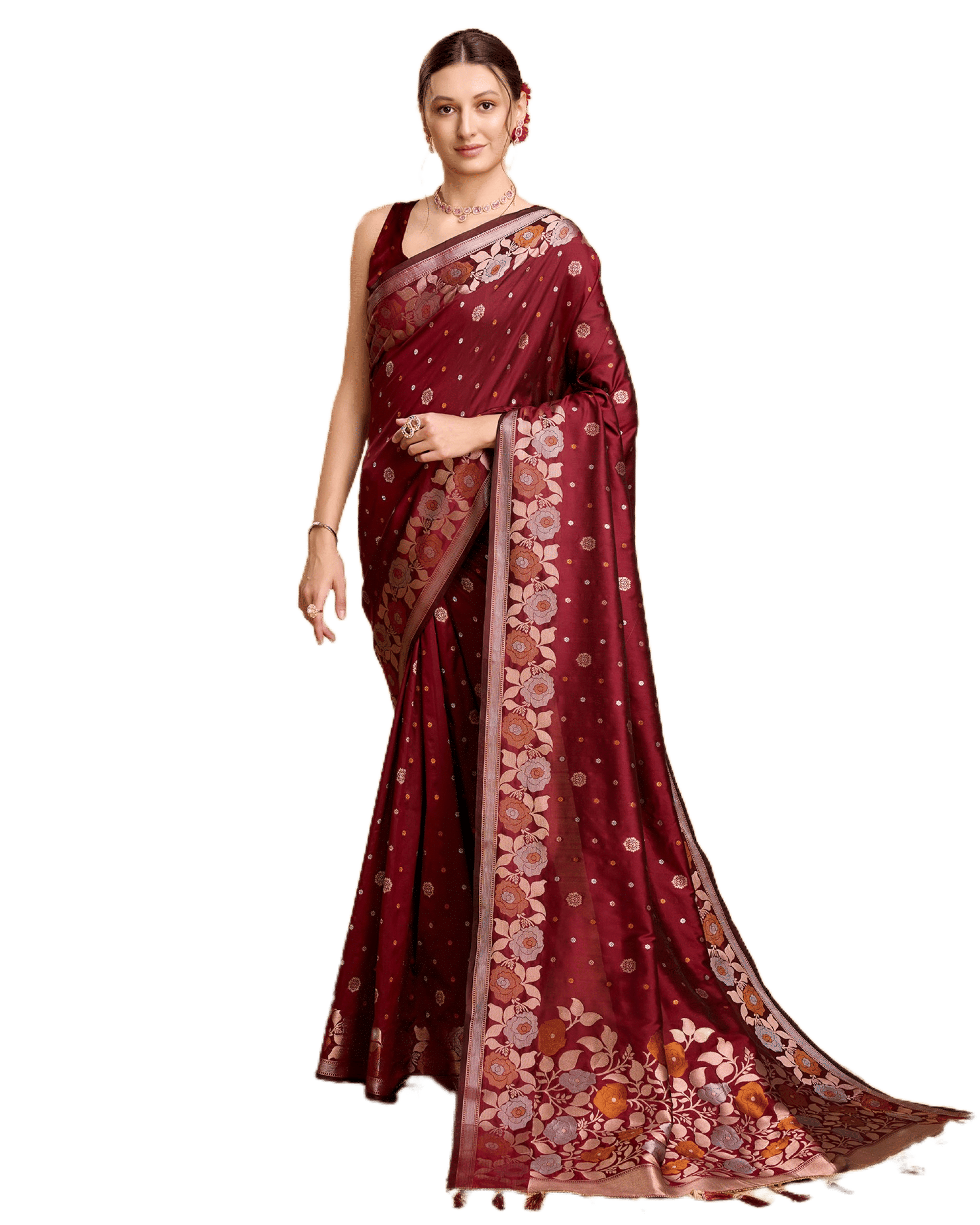 Rangtulika Ethnics Jacquard Woven Banarasi saree With Unstitched Blouse Piece ( Maroon ) Rangtulika Ethnics Jacquard Woven Banarasi saree With Unstitched Blouse Piece ( Maroon )