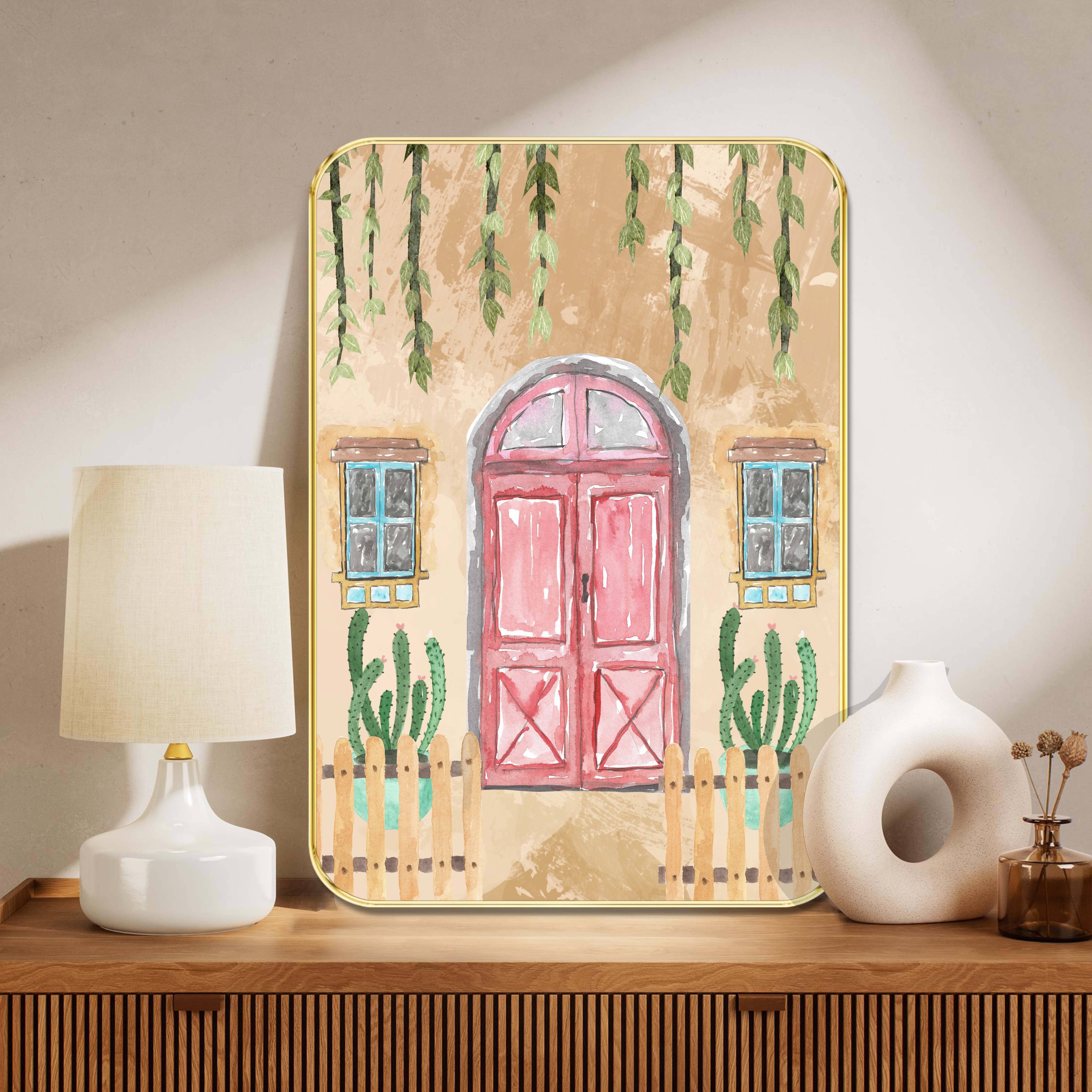 Rustic Watercolor Wall Art with Pink Door & Cactus – Boho House Front Illustration in Golden Frame | Vintage Wall Painting for Living Room, Balcony, Entryway –Vertical Frame Rustic Watercolor Wall Art with Pink Door & Cactus – Boho House Front Illustration in Golden Frame | Vintage Wall Painting for Living Room, Balcony, Entryway –Vertical Frame