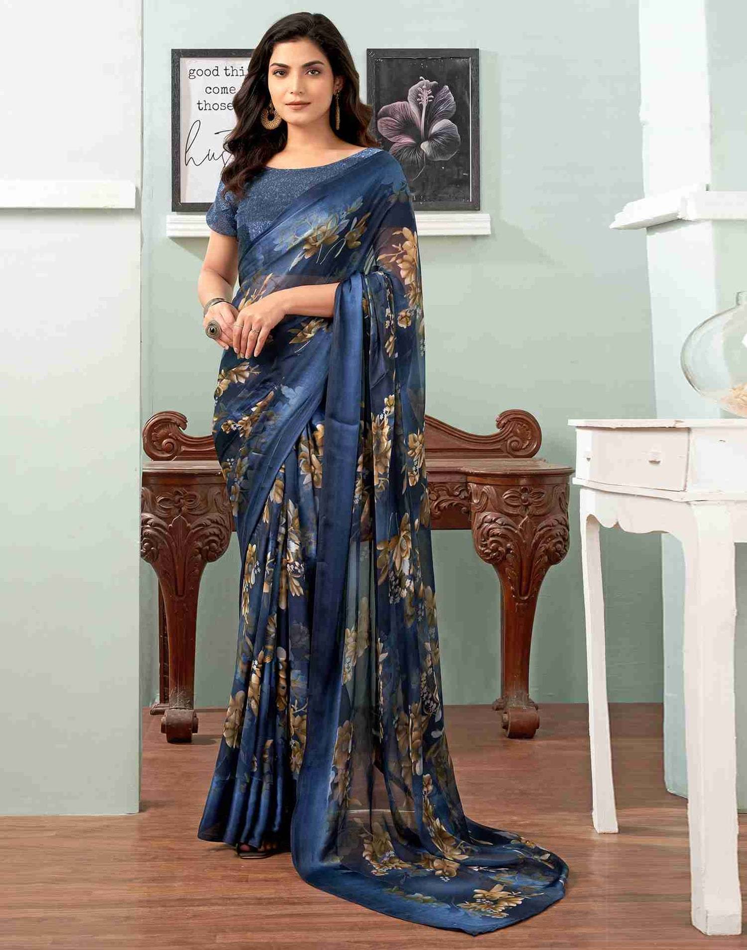     			SHIRODHARI Satin Printed Saree With Unstitched Blouse Piece ( Navy Blue )