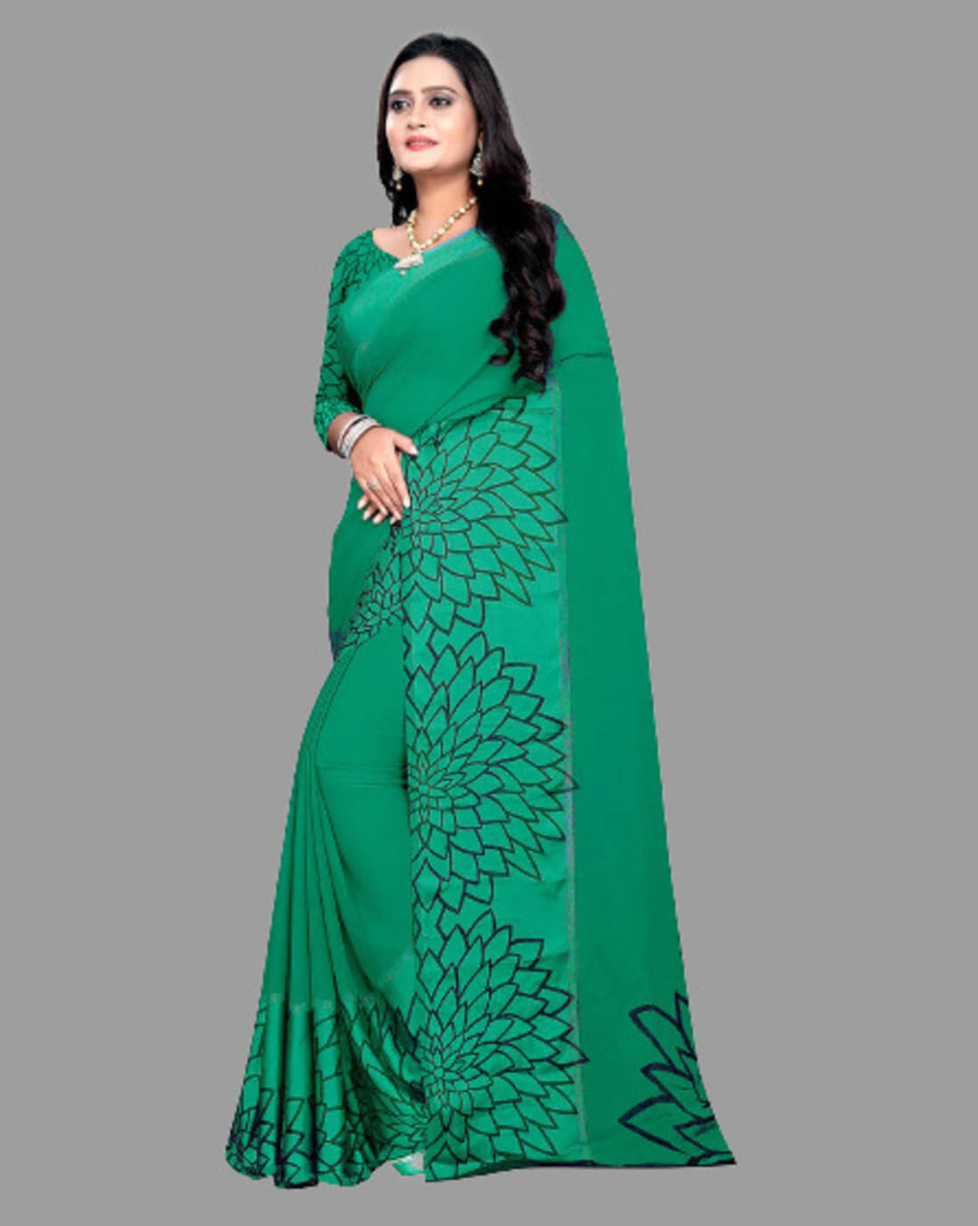 SHIRODHARI Satin Printed Saree With Unstitched Blouse Piece ( Teal ) SHIRODHARI Satin Printed Saree With Unstitched Blouse Piece ( Teal )