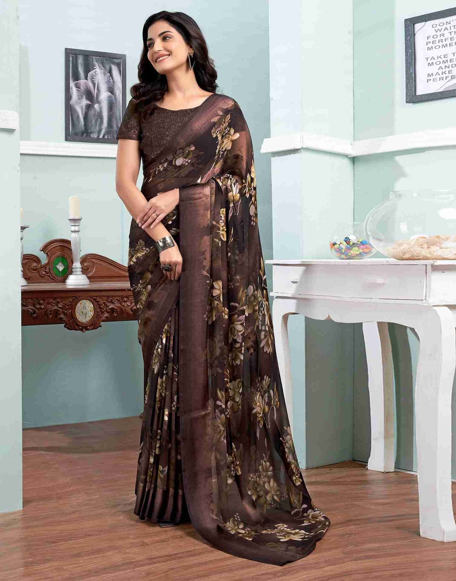 SHIRODHARI Satin Printed Saree With Unstitched Blouse Piece ( Brown ) SHIRODHARI Satin Printed Saree With Unstitched Blouse Piece ( Brown )