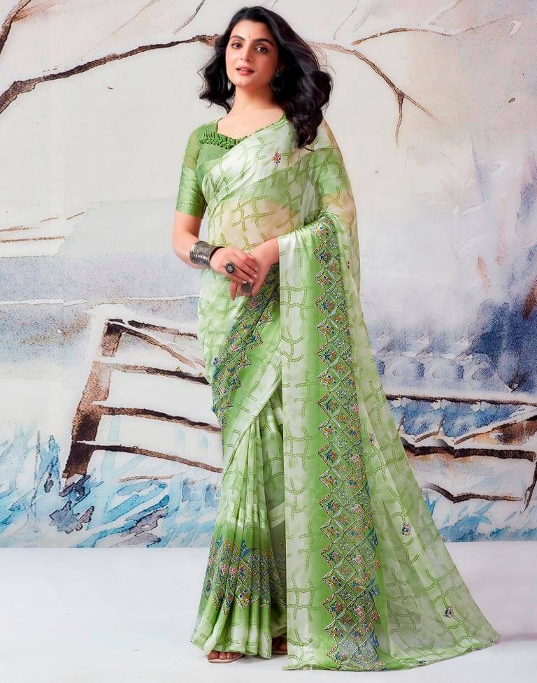     			SHIRODHARI Satin Printed Saree With Unstitched Blouse Piece ( Mint Green )