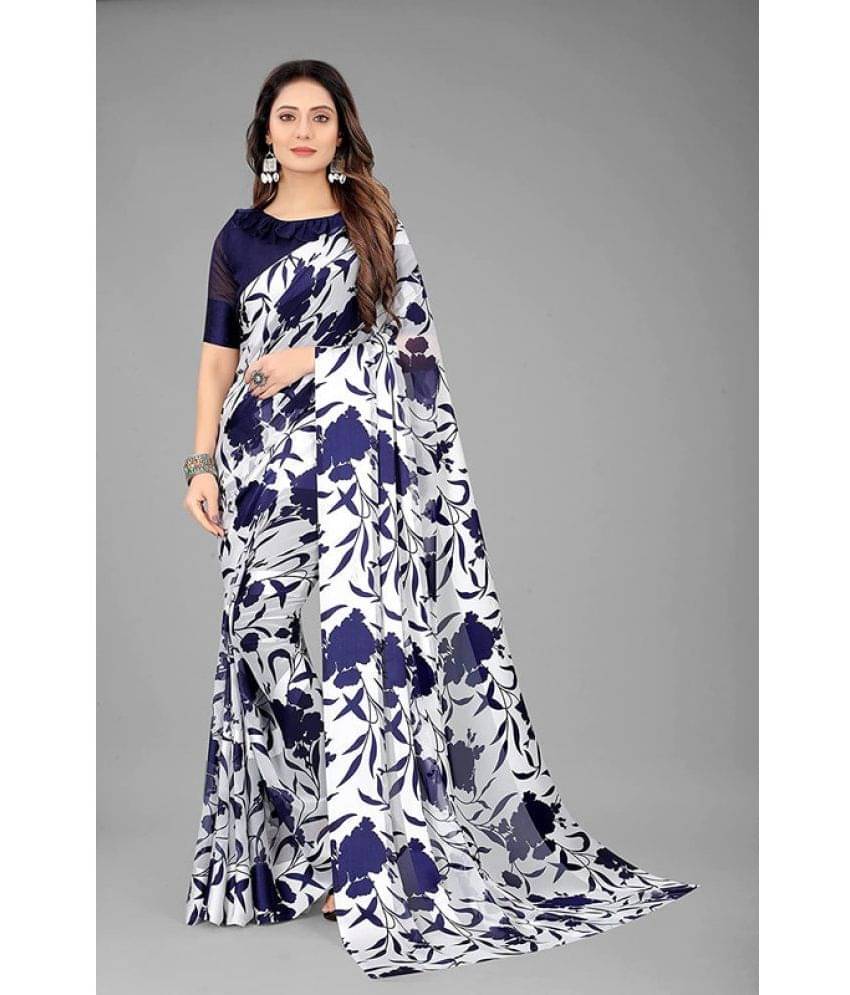 SHIRODHARI Satin Printed Saree With Unstitched Blouse Piece ( Navy Blue ) SHIRODHARI Satin Printed Saree With Unstitched Blouse Piece ( Navy Blue )