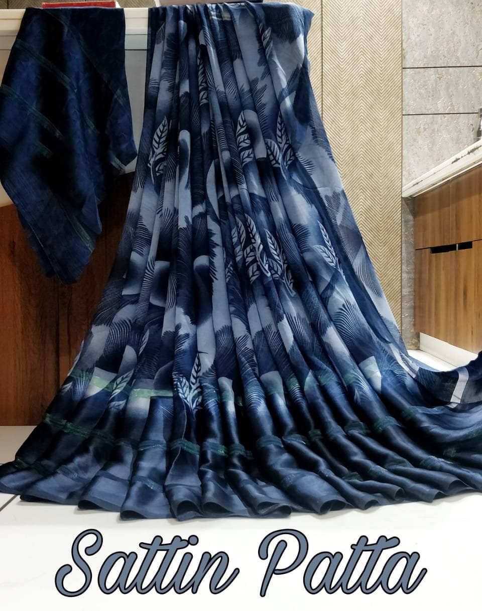 SHIRODHARI Satin Printed Saree With Unstitched Blouse Piece ( Navy Blue ) SHIRODHARI Satin Printed Saree With Unstitched Blouse Piece ( Navy Blue )