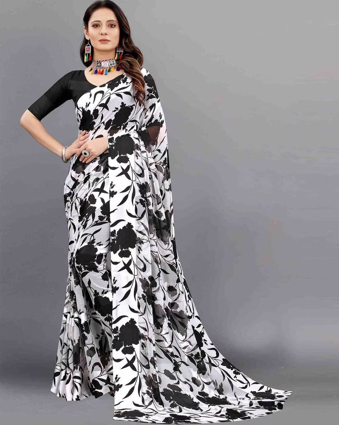 SHIRODHARI Satin Printed Saree With Unstitched Blouse Piece ( Black ) SHIRODHARI Satin Printed Saree With Unstitched Blouse Piece ( Black )