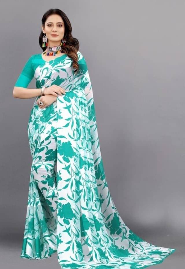     			SHIRODHARI Satin Printed Saree With Unstitched Blouse Piece ( Aqua Blue )