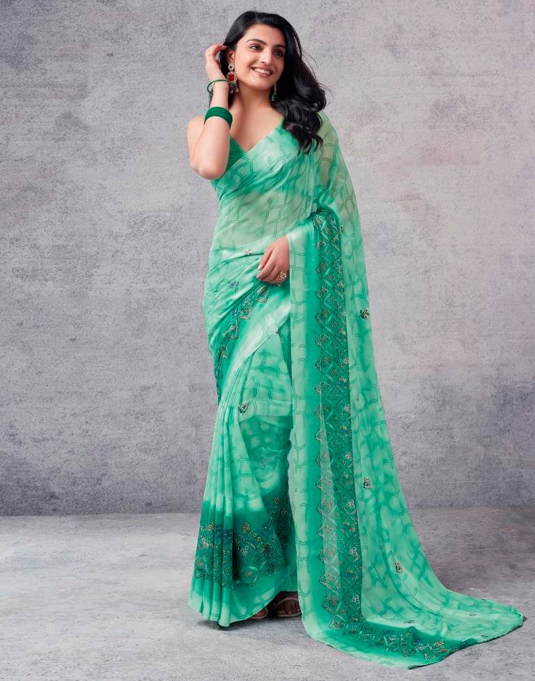     			SHIRODHARI Satin Printed Saree With Unstitched Blouse Piece ( Green )