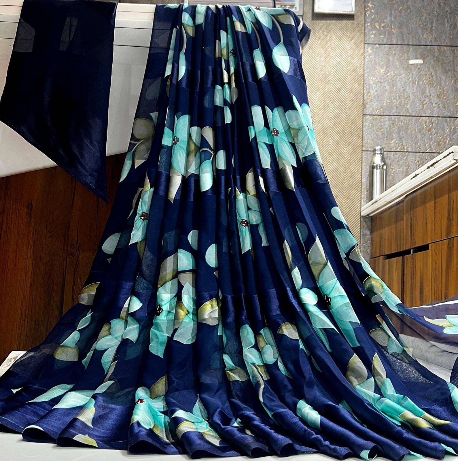     			SHIRODHARI Satin Printed Saree With Unstitched Blouse Piece ( Navy Blue )