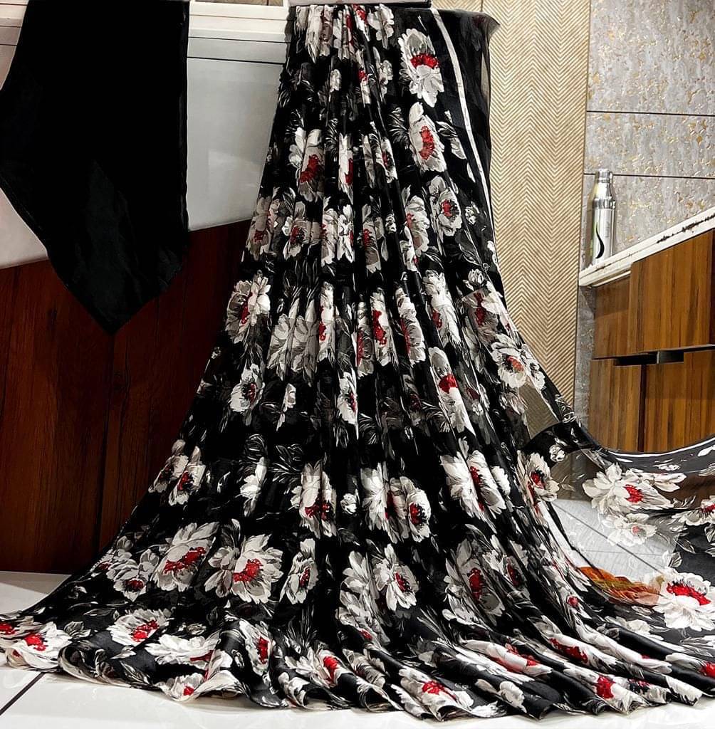     			SHIRODHARI Satin Printed Saree With Unstitched Blouse Piece ( Black )