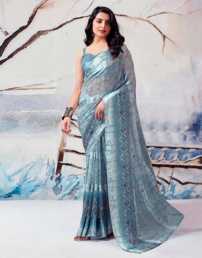 SHIRODHARI Satin Printed Saree With Unstitched Blouse Piece ( Grey ) SHIRODHARI Satin Printed Saree With Unstitched Blouse Piece ( Grey )