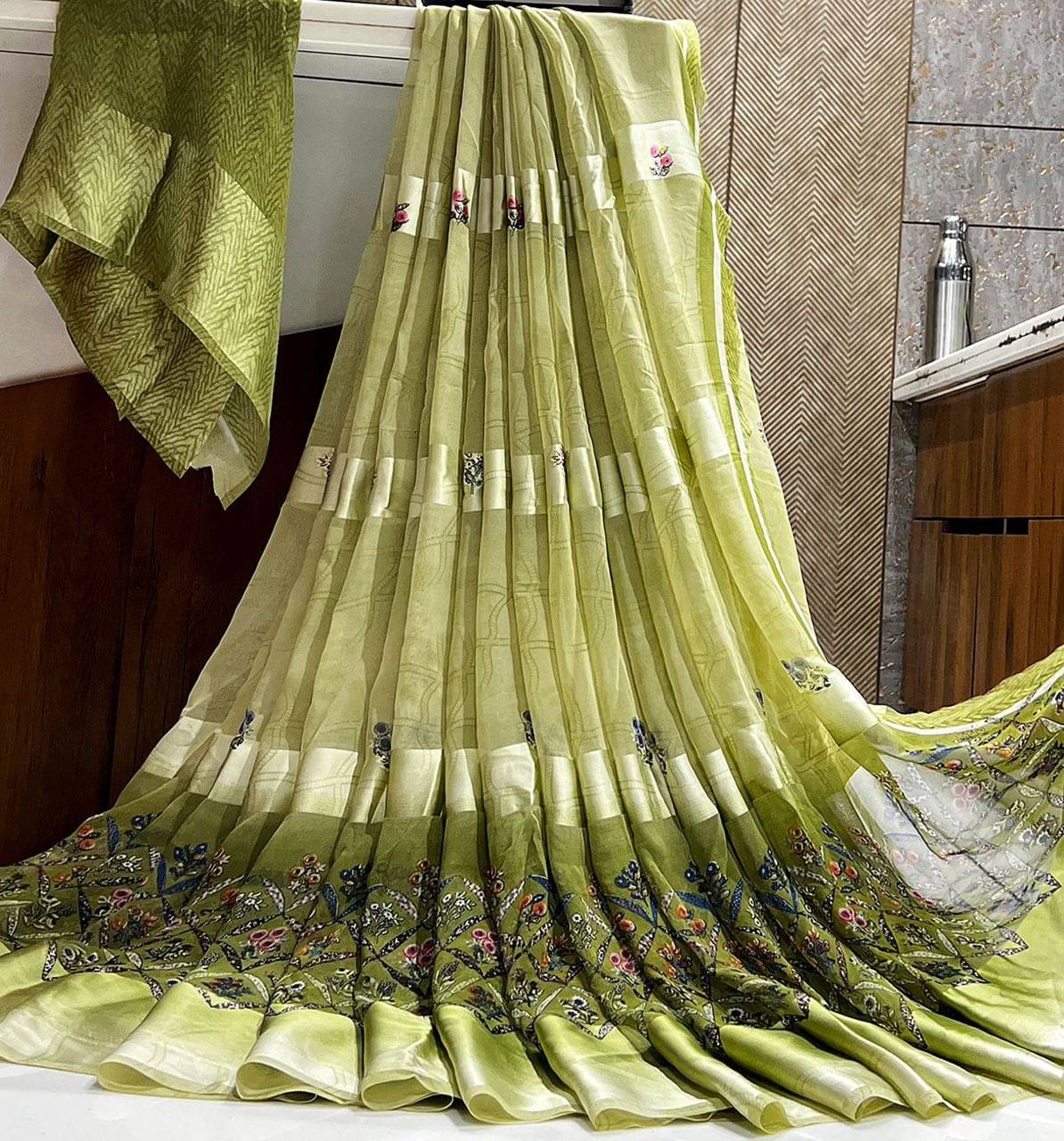 SHIRODHARI Satin Printed Saree With Unstitched Blouse Piece ( Mint Green ) SHIRODHARI Satin Printed Saree With Unstitched Blouse Piece ( Mint Green )