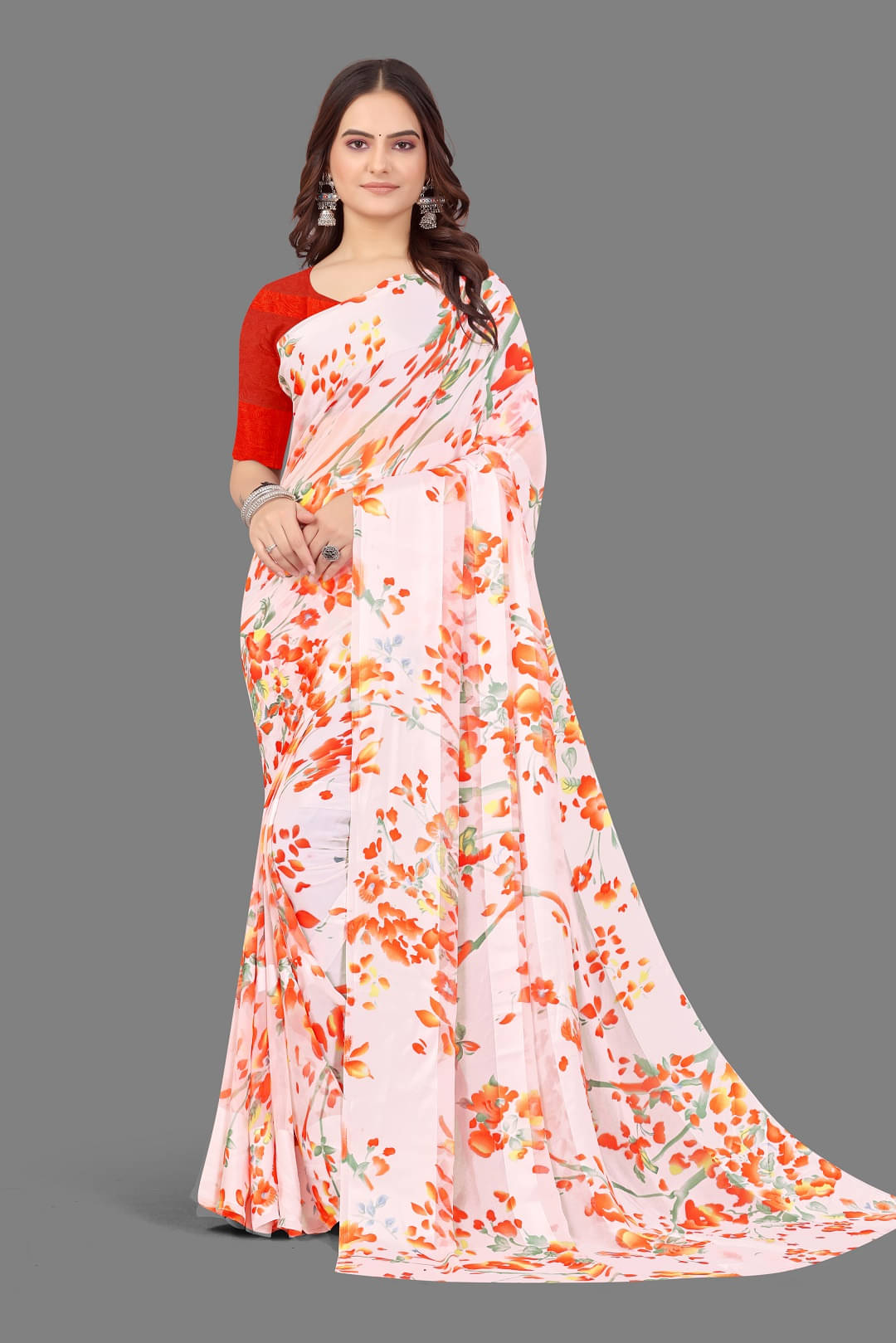 SHIRODHARI Satin Printed Saree With Unstitched Blouse Piece ( Orange ) SHIRODHARI Satin Printed Saree With Unstitched Blouse Piece ( Orange )