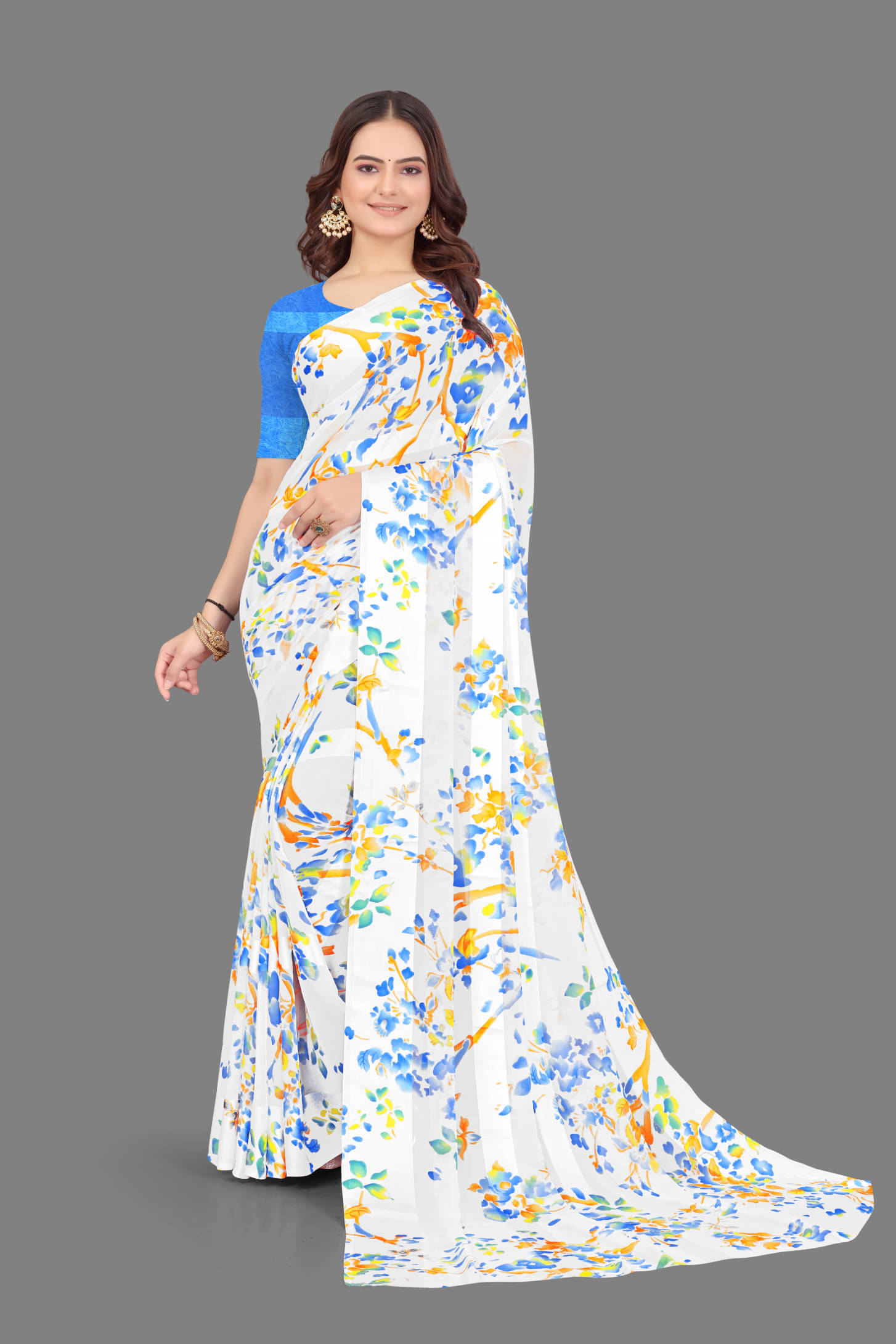 SHIRODHARI Satin Printed Saree With Unstitched Blouse Piece ( Blue ) SHIRODHARI Satin Printed Saree With Unstitched Blouse Piece ( Blue )