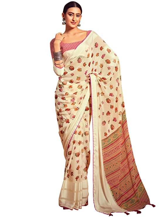 SHIRODHARI Satin Printed Saree With Unstitched Blouse Piece ( Cream ) SHIRODHARI Satin Printed Saree With Unstitched Blouse Piece ( Cream )