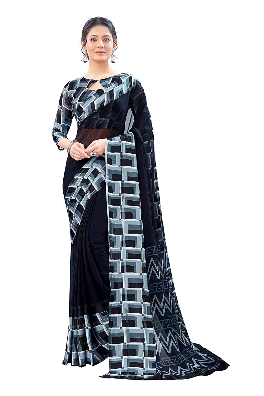 SHIRODHARI Satin Printed Saree With Unstitched Blouse Piece ( Black ) SHIRODHARI Satin Printed Saree With Unstitched Blouse Piece ( Black )