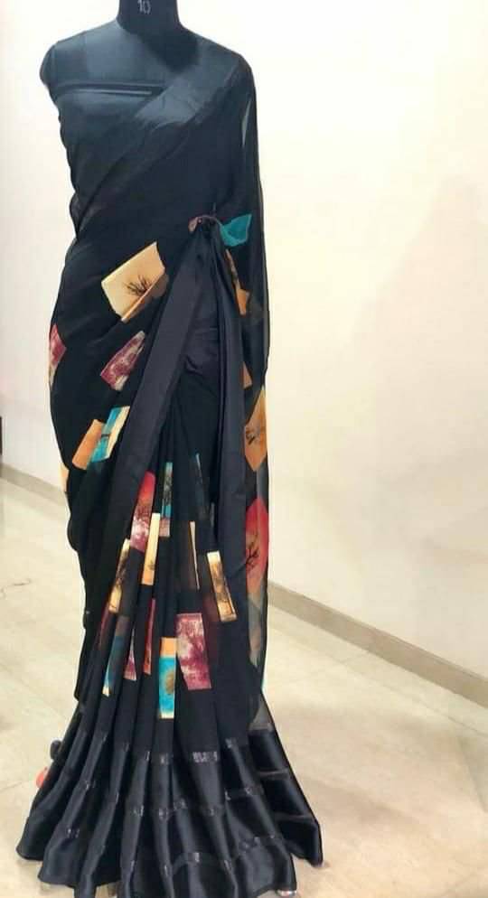     			SHIRODHARI Satin Printed Saree With Unstitched Blouse Piece ( Black )