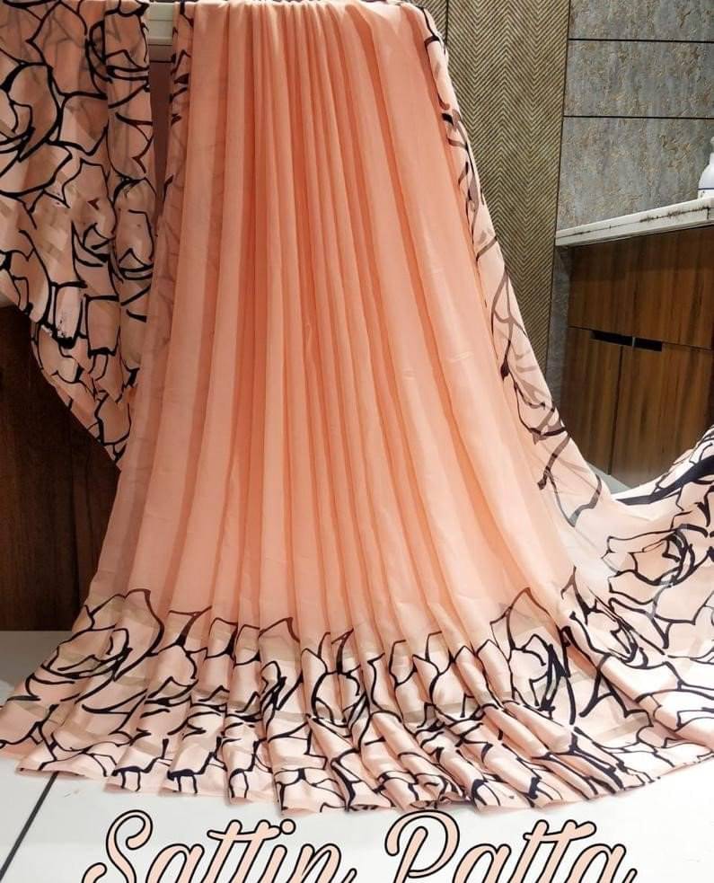 SHIRODHARI Satin Printed Saree With Unstitched Blouse Piece ( Peach ) SHIRODHARI Satin Printed Saree With Unstitched Blouse Piece ( Peach )