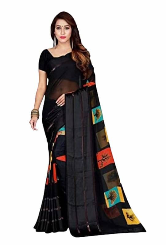 SHIRODHARI Satin Printed Saree With Unstitched Blouse Piece ( Black ) SHIRODHARI Satin Printed Saree With Unstitched Blouse Piece ( Black )