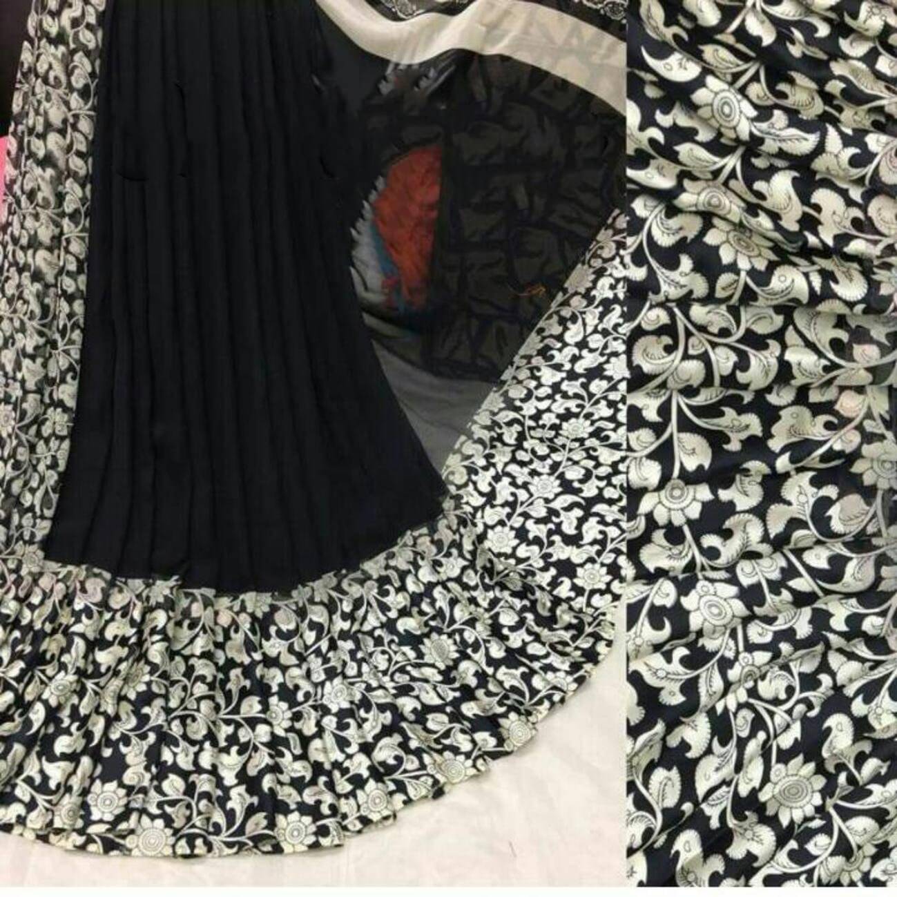 SHIRODHARI Satin Printed Saree With Unstitched Blouse Piece ( Black ) SHIRODHARI Satin Printed Saree With Unstitched Blouse Piece ( Black )