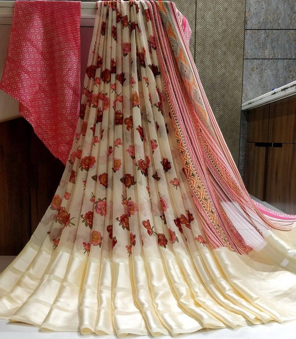     			SHIRODHARI Satin Printed Saree With Unstitched Blouse Piece ( Cream )