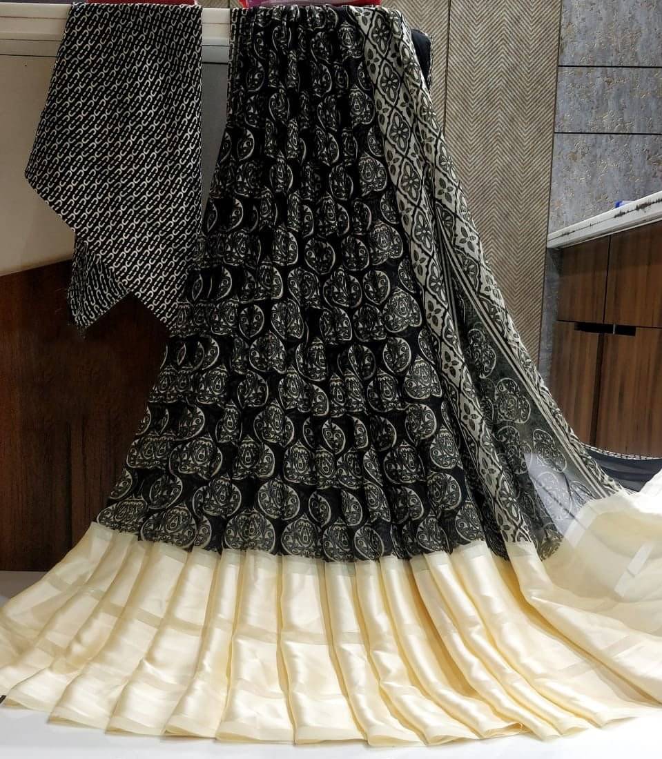 SHIRODHARI Satin Printed Saree With Unstitched Blouse Piece ( Black ) SHIRODHARI Satin Printed Saree With Unstitched Blouse Piece ( Black )