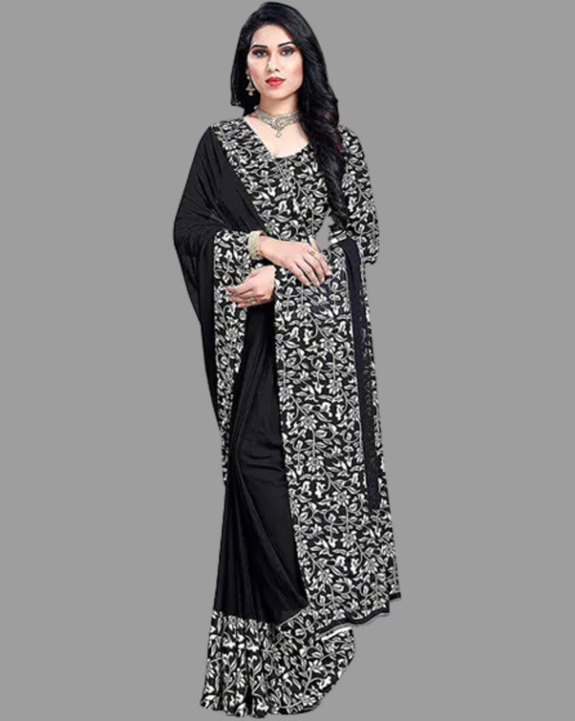 SHIRODHARI Satin Printed Saree With Unstitched Blouse Piece ( Black ) SHIRODHARI Satin Printed Saree With Unstitched Blouse Piece ( Black )