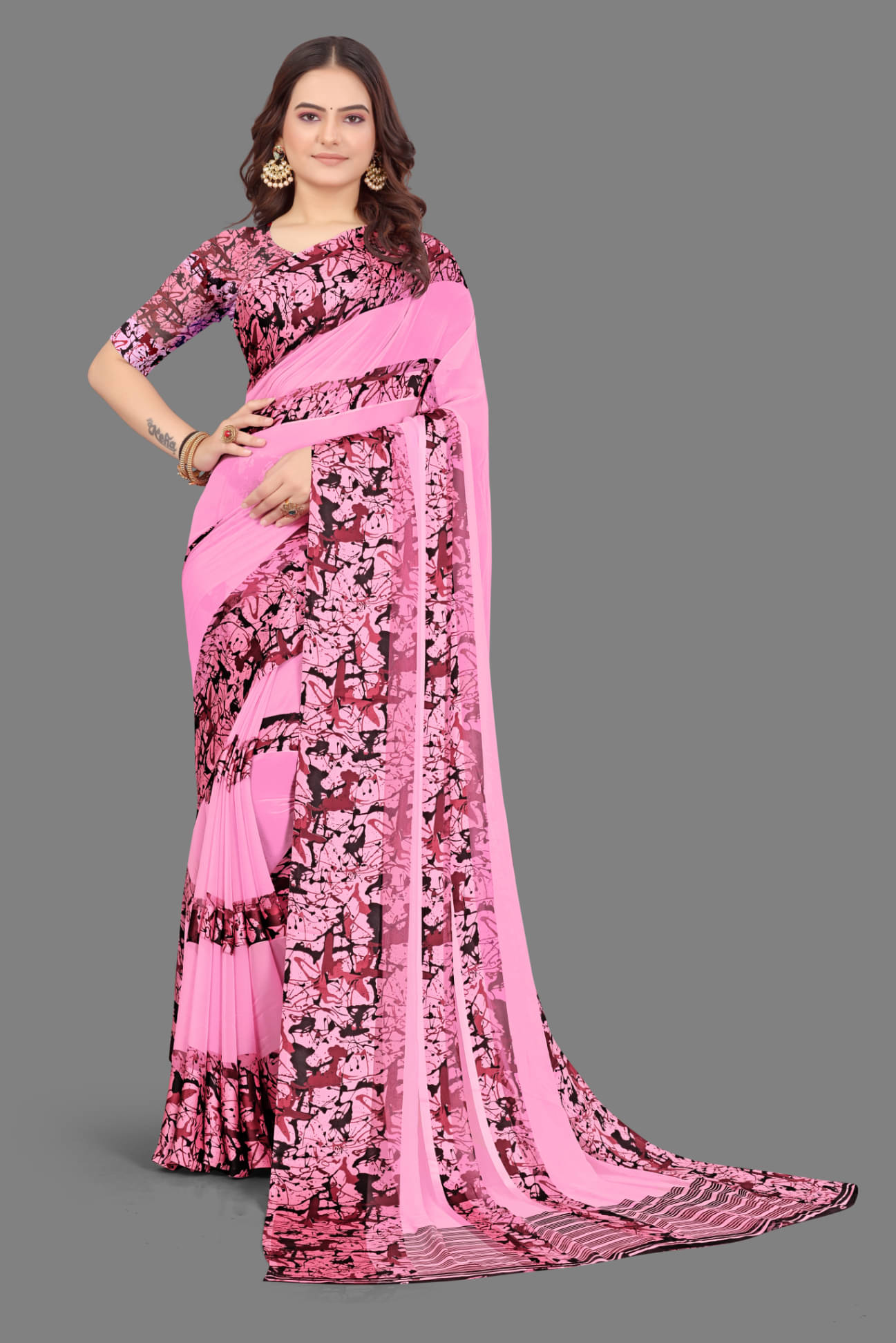     			SHIRODHARI Satin Printed Saree With Unstitched Blouse Piece ( Pink )