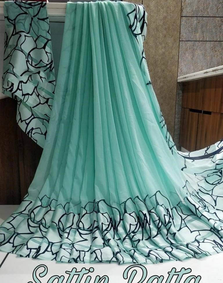 SHIRODHARI Satin Printed Saree With Unstitched Blouse Piece ( Aqua Blue ) SHIRODHARI Satin Printed Saree With Unstitched Blouse Piece ( Aqua Blue )