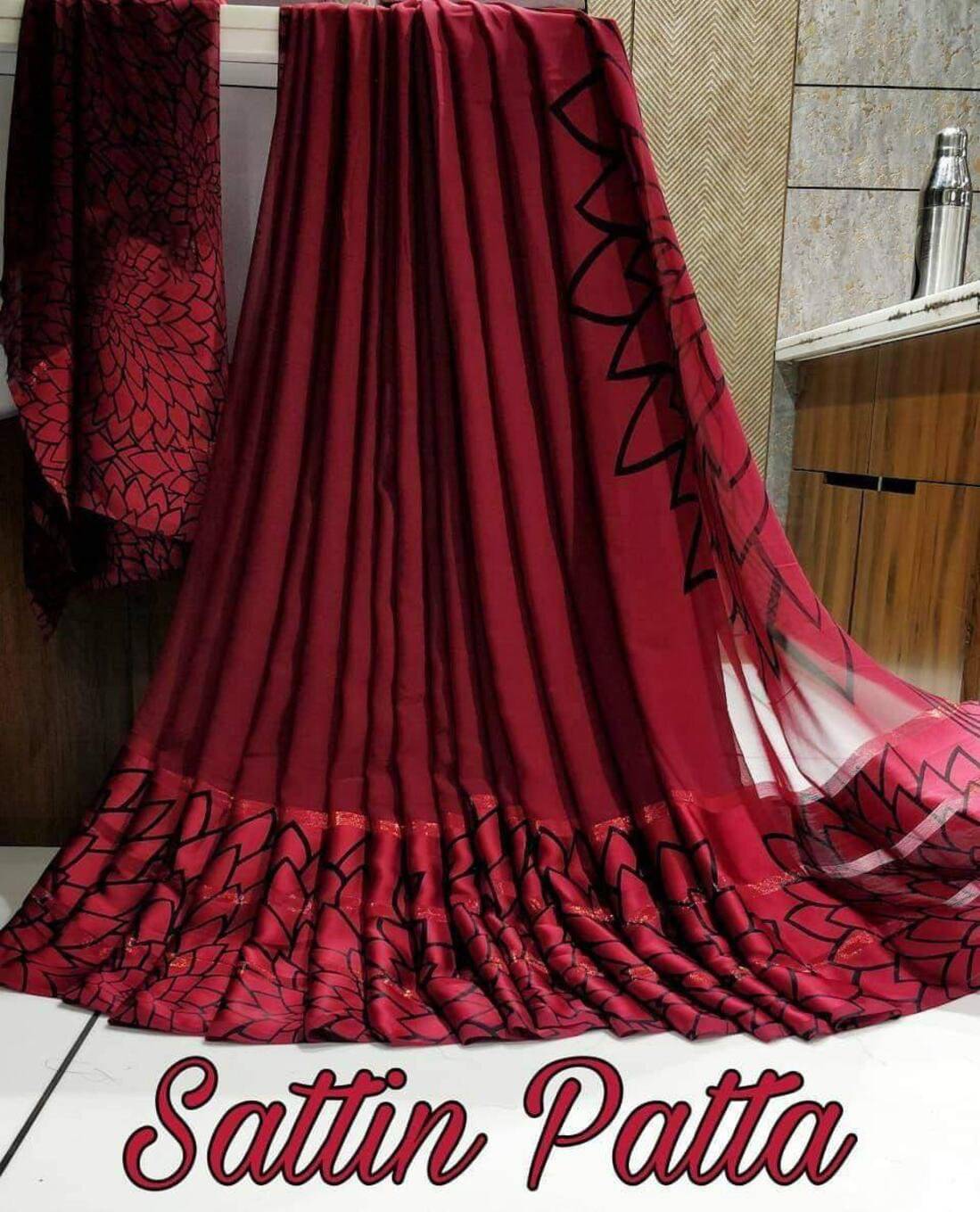     			SHIRODHARI Satin Printed Saree With Unstitched Blouse Piece ( Maroon )