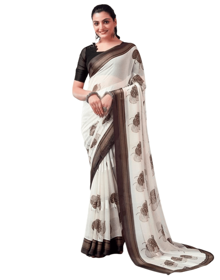 SHIRODHARI Satin Printed Saree With Unstitched Blouse Piece ( Brown ) SHIRODHARI Satin Printed Saree With Unstitched Blouse Piece ( Brown )