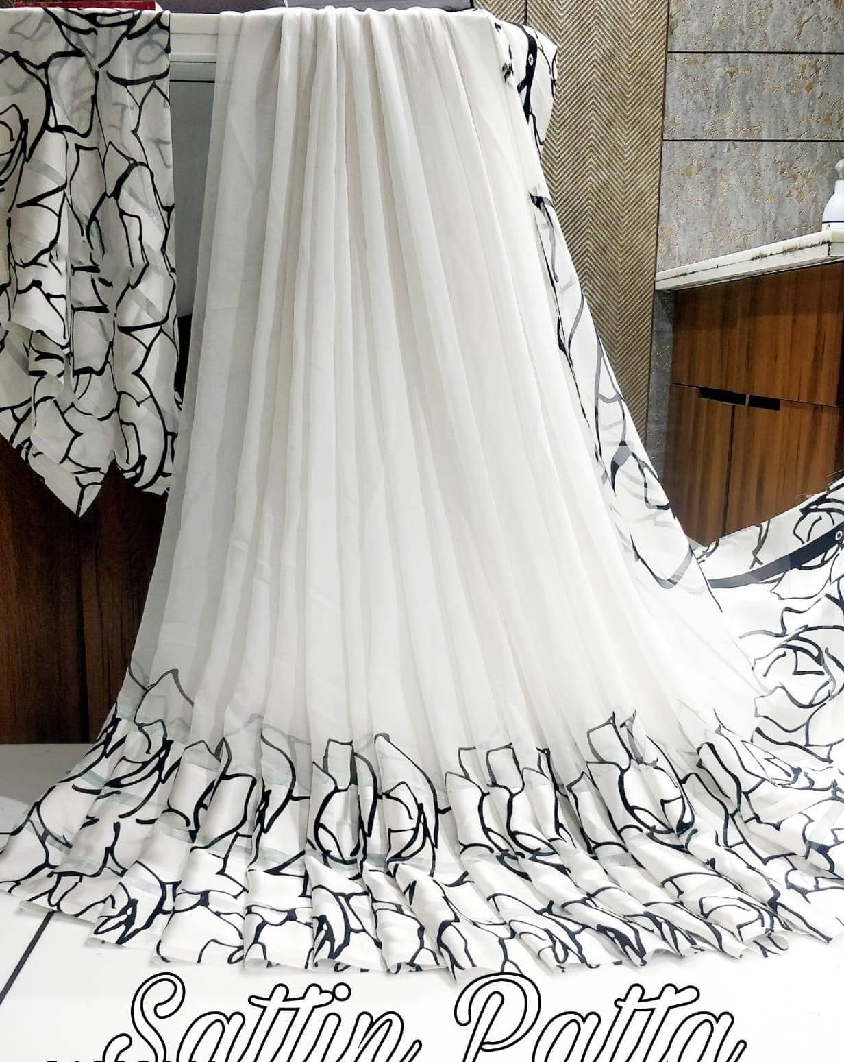     			SHIRODHARI Satin Printed Saree With Unstitched Blouse Piece ( White )