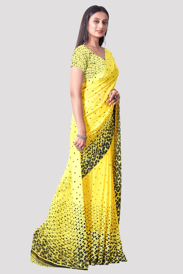 SHIRODHARI Satin Printed Saree With Unstitched Blouse Piece ( Yellow ) SHIRODHARI Satin Printed Saree With Unstitched Blouse Piece ( Yellow )
